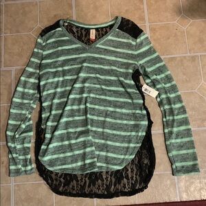 No Boundaries Black Lace Top with Mint Trim